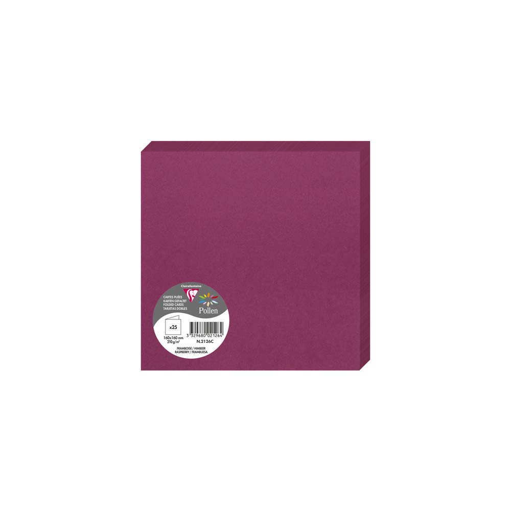 Clairefontaine 2126C Pack of 25 Double Cards Square format 16x16cm 210g/m² Raspberry colour Invitation Correspondence Cards Pollen range Smooth Premium Paper