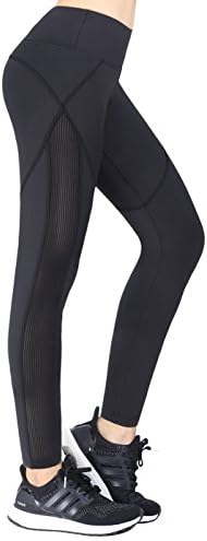PLUXL Girl's Black Leggings Yoga Pants with Mesh Design High Waisted Leggings (M)