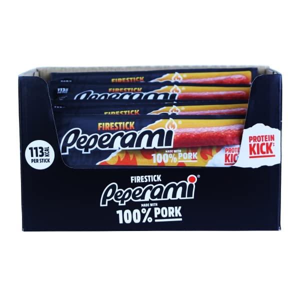 Peperami - Firestick Flavour - Extra Hot Smoked Pork Salami Sausage Meat Snacks - Box of 24 x 22.5 Grams
