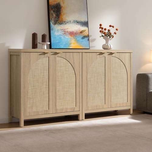 SICOTAS 34'' W Rattan Sideboard Buffet Cabinet with Storage, Boho Buffet Cuisine Arched Coffee Bar Accent Cabinet, Large Credenza Mid-Century Modern Buffet Table TV Stand for Living Room, Entryway
