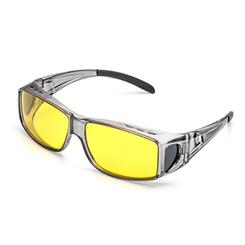 LVIOE Wrap Around Style Polarized Night Driving Glasses to Wear Over Regular Prescription Glasses (Grey, Yellow)