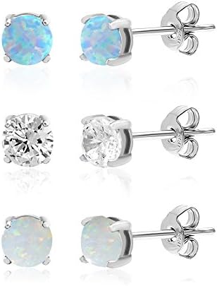 Lesa Michele Lab Created White &amp; Blue Opal &amp; Cubic Zirconia Stud Earring 3 Pair Set in Sterling Silver