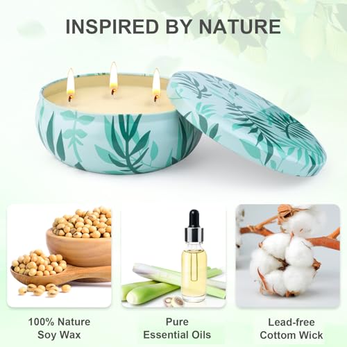 Citronella Candles Outdoor Large-3x12OZ Garden Citronella Candle Long Burn | 3 Wick Lemongrass Candles for Indoor Outdoor, 200Hours Natural Soy Wax Candle Set for Garden Backyard Camping Summer Vacation