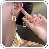 Allereyae Vintage Crystal Square Dangle Earrings Crystal Cz Rhinestone Square Earrings Hollow Square Stud Earrings Tiny Pearl Bead Earrings Jewelry for Women