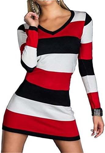 Womens Ladies Full Length Striped V-Neck Sexy Jumper Dress Party Club Dress Red/Black/White M