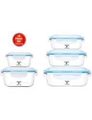 MOSS & STONE Kitchen Glass Food Storage Containers Set with Lids | 10 pieces I Transparent Lids I BPA Free I Oven I Freezers I Microwave I Dishwasher | Glass tupperware set I Variety of size I Leak-pr