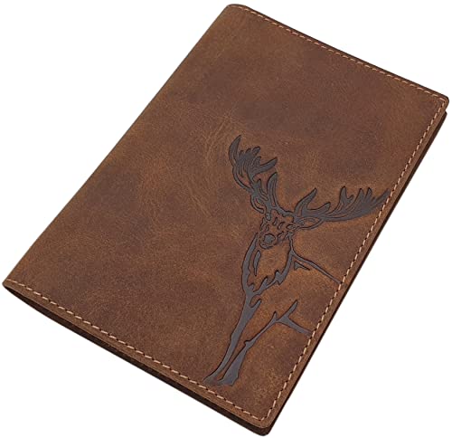myledershop Buffalo Full Leather ID Card Holder with Deer- or Wild Boar-Motif in Brown (Deer Motif)