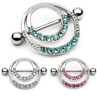 Pair of 14g double hoop nipple rings bar shield with 16 aqua gems…
