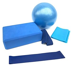 5 Piece Yoga Sets Beginner Equipment Include Fitness Mini Yoga Ball (10 inch) Yoga Blocks Stretch Strap Resistance Loop Bands Exercise Yoga Cotton Strap