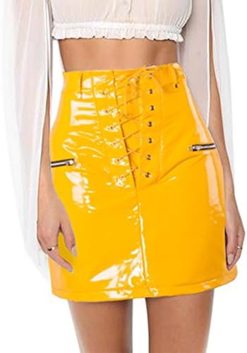 Konghai Women Fashion Leather High Waist Bandage Skirt Faux Leather Slim Mini Skirt