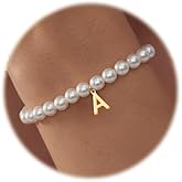 Gold Pearl Initial Bracelets for Women, 14K Gold Plated Dainty Bracelet with Letter Charm, Monogram Bracelet Gifts for Her, Trendy Jewelry for Women