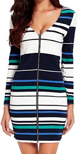 SummerWomen Summer Womens V Neck Stripe Spell Color Full-Zip Fashional Cocktail Dress 14 S