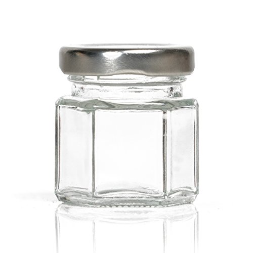 Hexagon Glass Jars by Nellam - 1.5oz, 12 Pack. Includes 24 Chalk Sticker Labels and 2x Chalk Pen. DIY Jars for Canning, Party Favors, Jams, Sauces, Herbs, Spices. (Silver Lid - 12 Pcs)