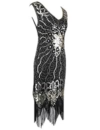 Flapper Girl de la mujer clásico 1920 Lentejuelas abalorio Flecos Hem Flapper Club Vestido, L, Negro