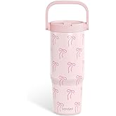 SANDJEST Pink Bow Stainless Steel Straw Lid Tumbler 30oz with Carry Handle for Women Girls, Insulated Travel Coffee Cup, Gift for Sports Outdoor Workout Christmas Birthday