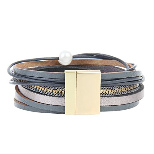 COOLLA Women Genuine Leather Vintage Volcanic Stone Wrap Bangle Bracelet Pearl Pendant Magnet Buckle (Grey) - Thumbnail 4