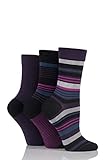 Ladies 3 Pair SockShop Comfort Cuff Bamboo Striped and Plain Socks Purple Raven / Grey 4-8 Ladies