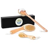 Exfoliating Dry Or Wet Body Wash Brush Set for Dry Brushing, Improving Circulation and Reducing Cellulite to Rejuvenate Skin - 4 Piece Natural Boar Bristle Set