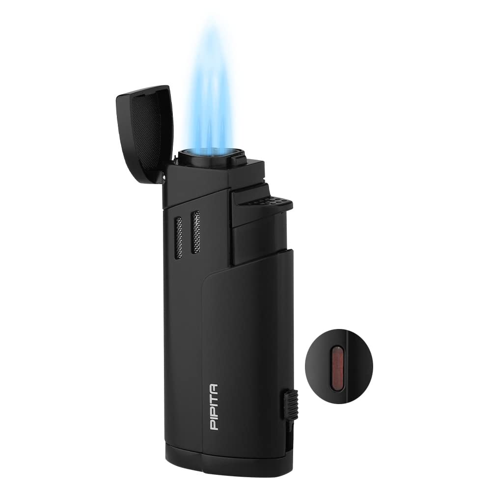 PIPITA Cigar Triple Jet Flame Lighter, Windproof Cigar Lighter Refillable Butane Gas Torch Pocket Lighter for BBQ, Camping, Outdoor and Candles, Gifts for Him Men (Without Gas)