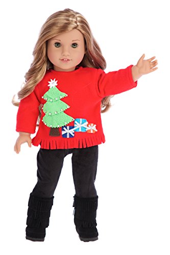 DreamWorld Collections - Christmas Sweater - 3 Piece Outfit - 18 inch Doll Clothes - red Sweater, Black Pants Black Boots. (Doll not Included)