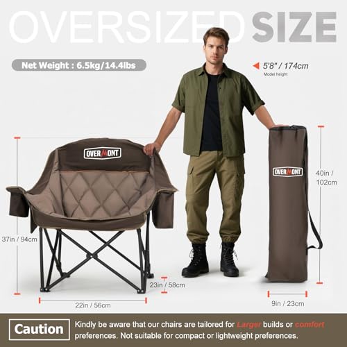 OVERMONT Oversized XL Camping Folding Chair for Adults - 450lbs Support Heavy-Duty Padded Folding Chair with Side Pocket Cup Holder for Outdoor Sports Garden Beach Fishing Lawn Blue