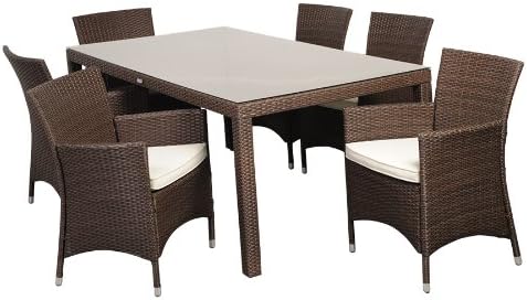 Atlantic 7-Piece Grand New Liberty Deluxe Rectangular Wicker Dining Set, Brown with Off-White Cushions