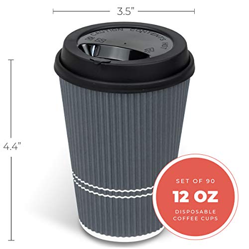 Glowcoast Disposable Coffee Cups With Lids - 12 oz To Go Coffee Cup With Lid (90 Set). Durable Togo Travel Paper Hot Cups Insulated For Hot and Cold Beverage Drinks, No Sleeves Needed (Dusk Grey)