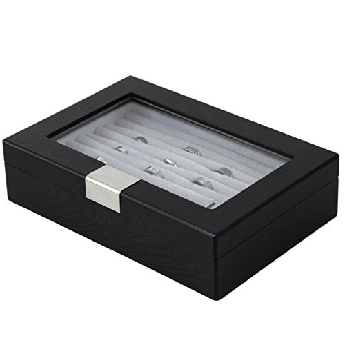 Ring Cuff Link Box Storage Wood Glass Window Engravable Plate (Black)