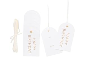 Merry Market Letterpress Gift Tags, Gold Foil, Happy Birthday, to and from, Set of 25 Paper Tags with Satin Ribbon