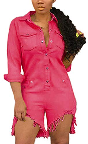 Women Sexy V Neck Denim Rompers Casual Denim Stand Collar Fasten Short Sleeve Button Up Riders T Shirt Jacket Tops BIb Loose Comfy Wide Leg Short Pants Party Club Outfits with Pockets - Thumbnail 2