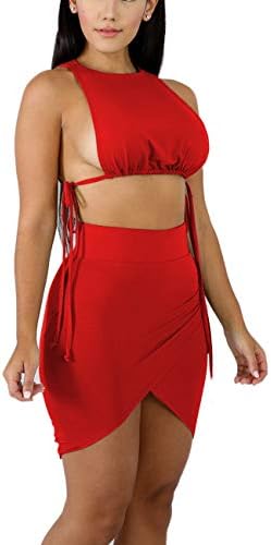 Yyicool Womens Crop Top Midi Skirt Outfit Two Piece Bodycon Bandage Dress Spaghetti Strap Club Mini Dress