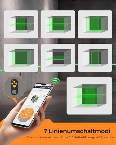 Cross Line Laser, CIGMAN App Intelligent Control, 3 x 360 Degrees, Self-Levelling Laser Spirit Level, with Rechargeable Lithium Battery, Construction Laser, Cross Laser, Green for Indoor Use (CM-S01)