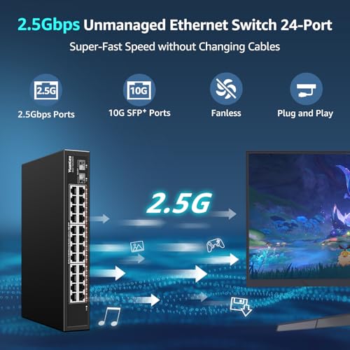Unmanaged 2.5G 24-Port Ethernet Switch, 24 x 2.5 GB Base-T Ports, 2 x 10G SFP+, Compatible with 100/1000/2500Mbps, Metal Fanless, Desktop/Rack Mount YuanLey 2.5 GB Network Switch