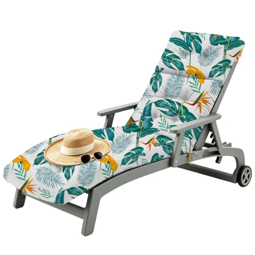 Chaise Lounge Cushion Outdoor, 100% Waterproof Memory Foam Lounge Chair Cushion with Ties for Indoor Outdoor Furniture, Thickened Pool Lounge Chair Cushions 74.4 x 22 x 4.7 Inches, Yellow-Green Leaf
