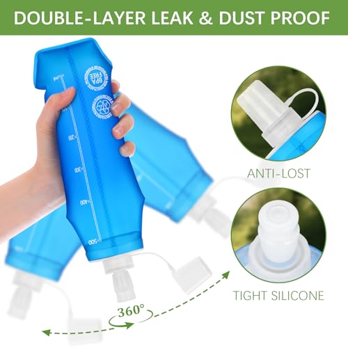 Euqvunn 2 Pcs Soft Water Bottle - BPA Free TPU 500ML Reusable Water Running Flask - Dust and Leak Proof for Hydration Bags, Running, Hiking, Camping, Cycling, Travel