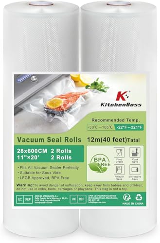 KitchenBoss Vacuum Sealer Rolls Bags: 2 Packs 28 cm x 600 cm Food Storage Saver Bag | Vac Seal Roll for Vacuum Sealer Machine Sous Vide Cooking, Large Vaccum Sealing Bags Total 12M