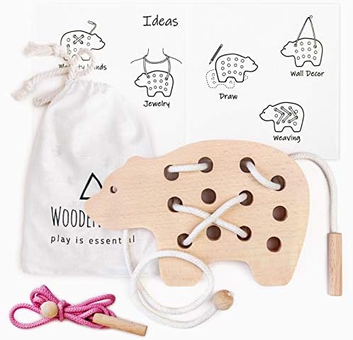 Handmade Natural Wooden Bear & Lacing Toy Montessori Activity Learning Early Development Educational - Travel Bag Eco Friendly Toy for Young Children and Baby