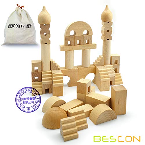 Original Wood Building Blocks Wooden Toys 52pcs Set with Canvas Carry Case, Baby Children Early Educational Enlightenment Toy, Natural Finishing