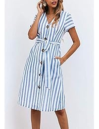 Vestido de verano para mujer, con botones, manga corta, con cinturón, a rayas, con bolsillos