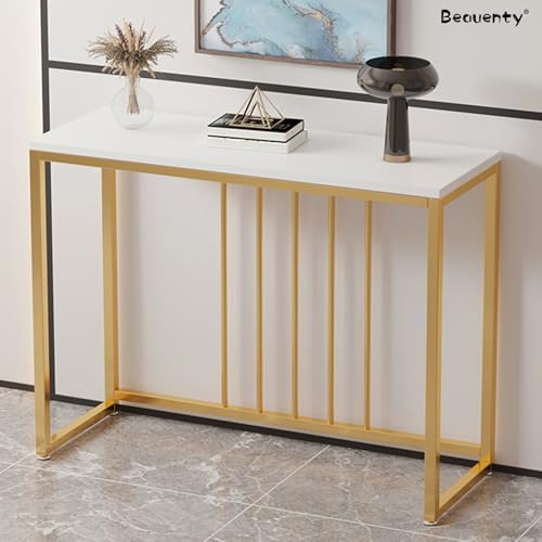 Beauenty Console Table for Entryway, 100cm Entryway Table with Golden Frame, Narrow Long Sofa Side Table,TV Cabinet, Hallway Table for Bedroom, Living Room, Foyer (Gold & White)