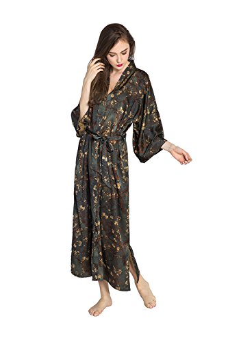 Old Shanghai Women's Kimono Robe Long - Watercolor Floral, Yurina- Slate, One Size - Thumbnail 4