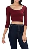 Womens Trendy Solid Color Basic Scooped Neck and Back Crop Top 3/4 Sleeve Burgundy Small