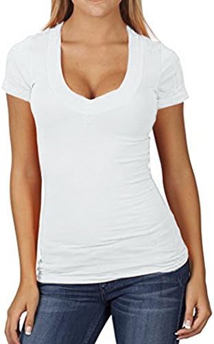 PaPaPa SEXY Basic Low Cut Deep Cleavage V-Neck Stretch Top Tee Shirt (Medium, white)