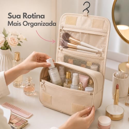 Bolsa Necessaire Maquiagem Cosméticos Feminina Viagem Com Divisória e Cabide para Pendurar Organizador de Maquiagem Muito Espaço para Maquiagem Shampoo Perfumes Higiene Pessoal (Preto)