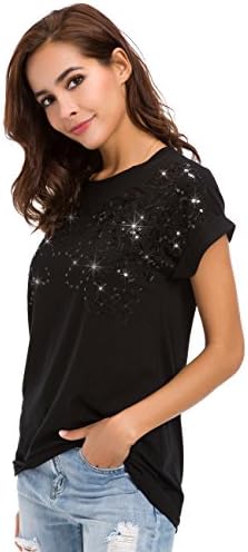 Women's Crew Neck Loose T-Shirt with Sequin Inserts Summer Casual Tops