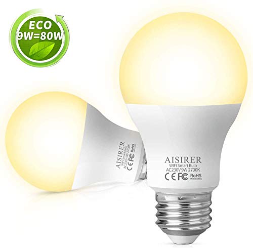 AISIRER-Bombilla-Inteligente-Bombillas-LED-WiFi-9W-806-Lmenes-Compatible-con-Amazon-Alexa-Echo-Echo-Dot-Google-Home-y-IFTTT-E27-Luz-Clida-2700K-Regulable-No-se-Requiere-Hub-Paquete-de-2