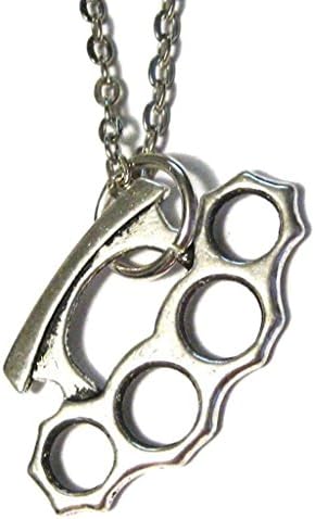 Brass Knuckles Silver Plated 1" Pendant 18" Chain Link Necklace