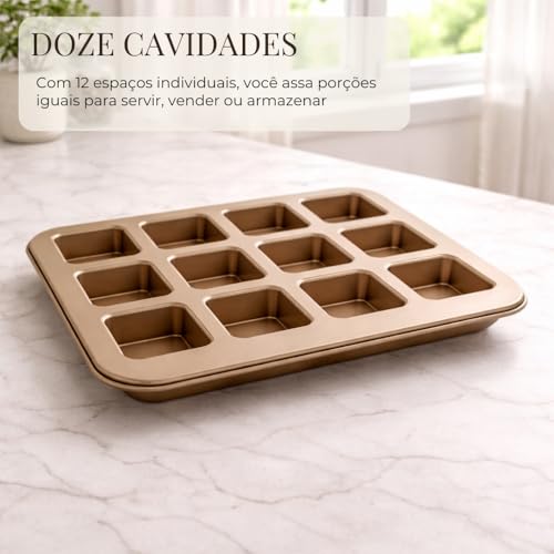 Forma para Brownie 12 Cavidades Quadradas Antiaderente, Assadeira de Aço Carbono para Mini Brownies, Cupcake, Mini Bolos, Doces e Sobremesas no Forno
