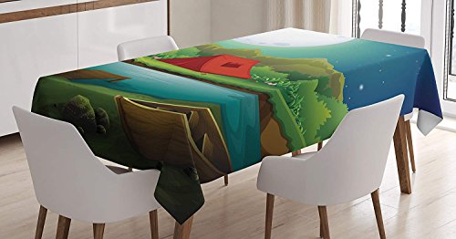 Camping Tablecloth Linen Decor Table Cover for Kitchen Dinning Room Rectangle Oblong Tablecloths 60 W X 140 L Inch, Tent by The Lake with Full Moon Outdoor Activity Cartoon Doodle Style Woodland