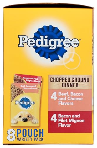 PEDIGREE CHOPPED GROUND DINNER 8 POUCHES,4-BACON AND FILET MIGNON FLAVOR, 4-BEEF, BACON, AND CHEESE